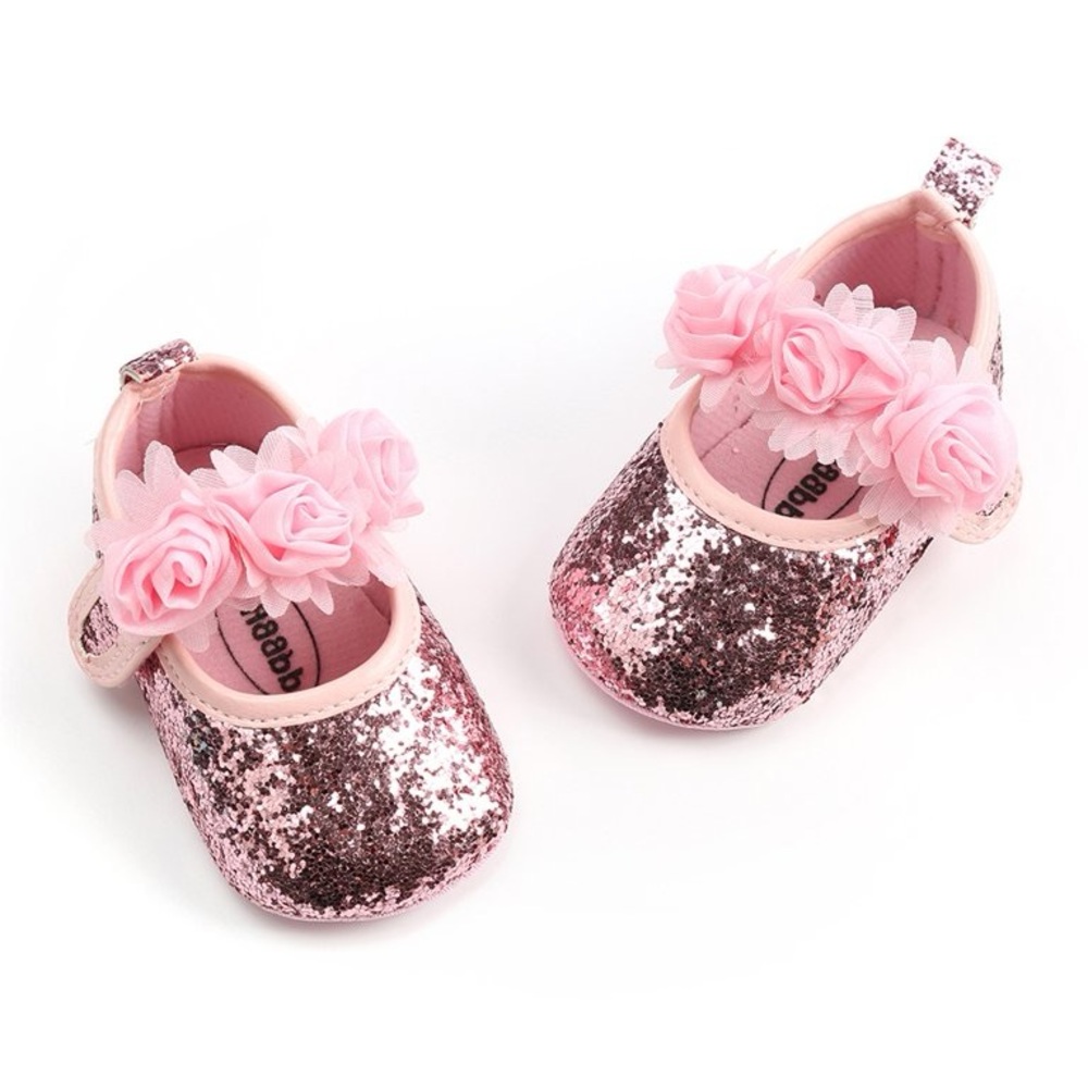 Glitter Pink First Crib Shoes with flowers
